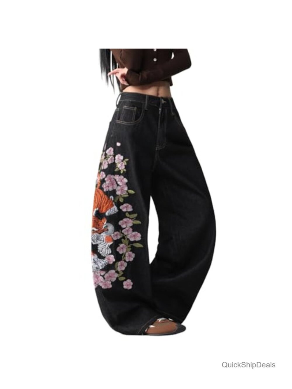 Floral Embroidery Wide Leg Baggy High Rise Jeans Loose Streetwear